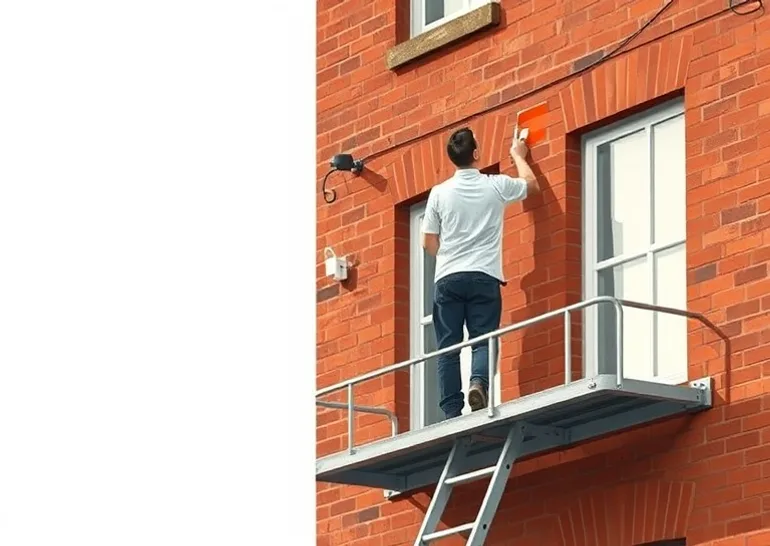 Peintre sur échafaudage traitant la façade d'une maison